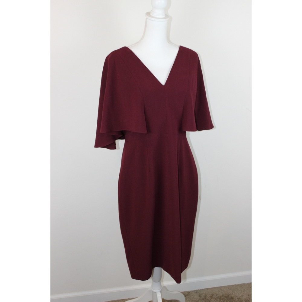 Dress the Population Louisa Flutter Sleeve V Neck Burgundy Wine Midi Dress XL
